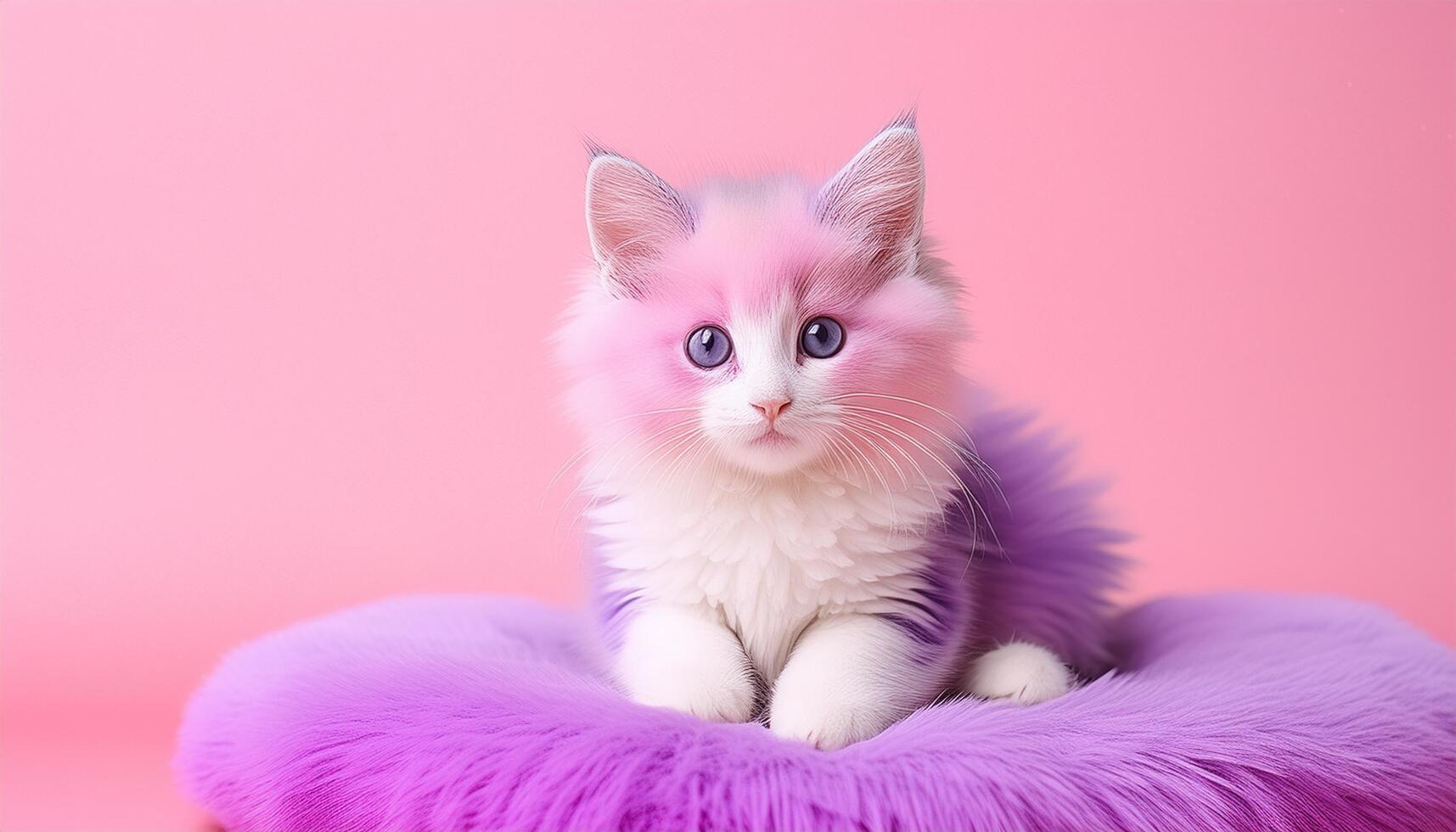 Cute, adorable, pink and purple kitty cat pet with fluffy fur and blue eyes sitting on a fuzzy furry cushion. Generated image photo