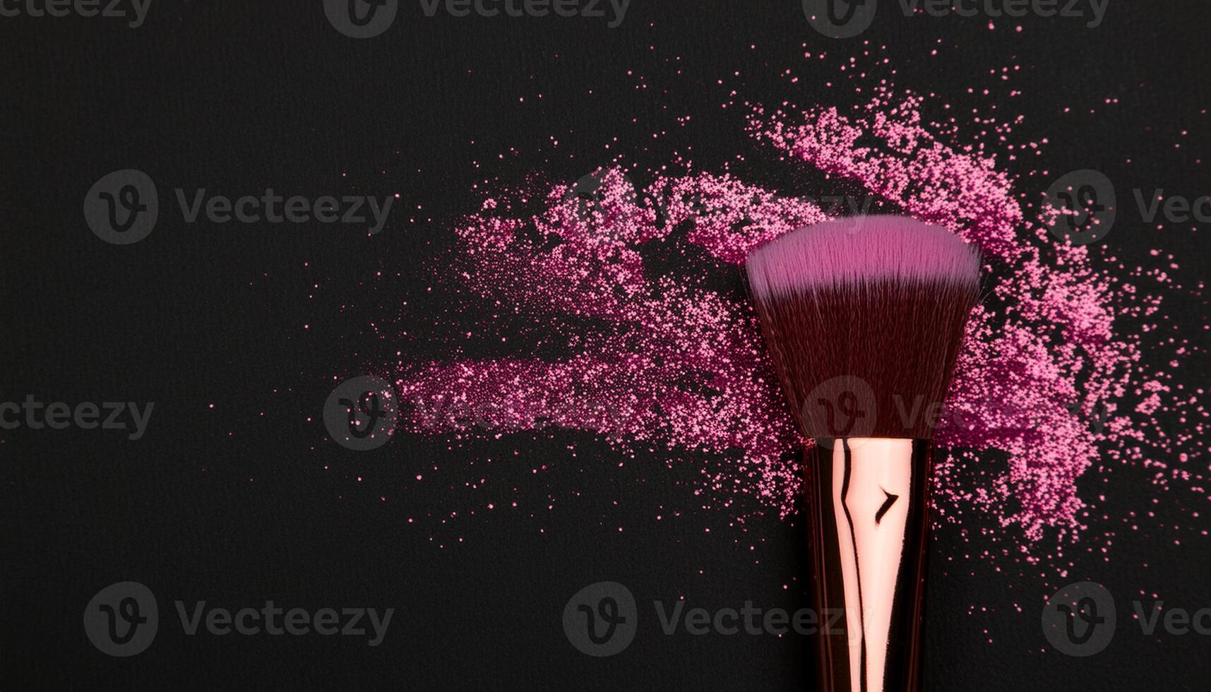 Makeup brush with hot pink eyeshadow blush on black background with room for copy. Generated image photo