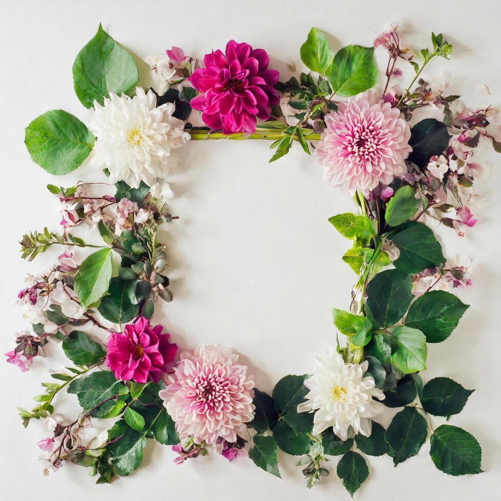 Floral photo frame, square wreath of flowers for spring, valentines or romance. Generated image