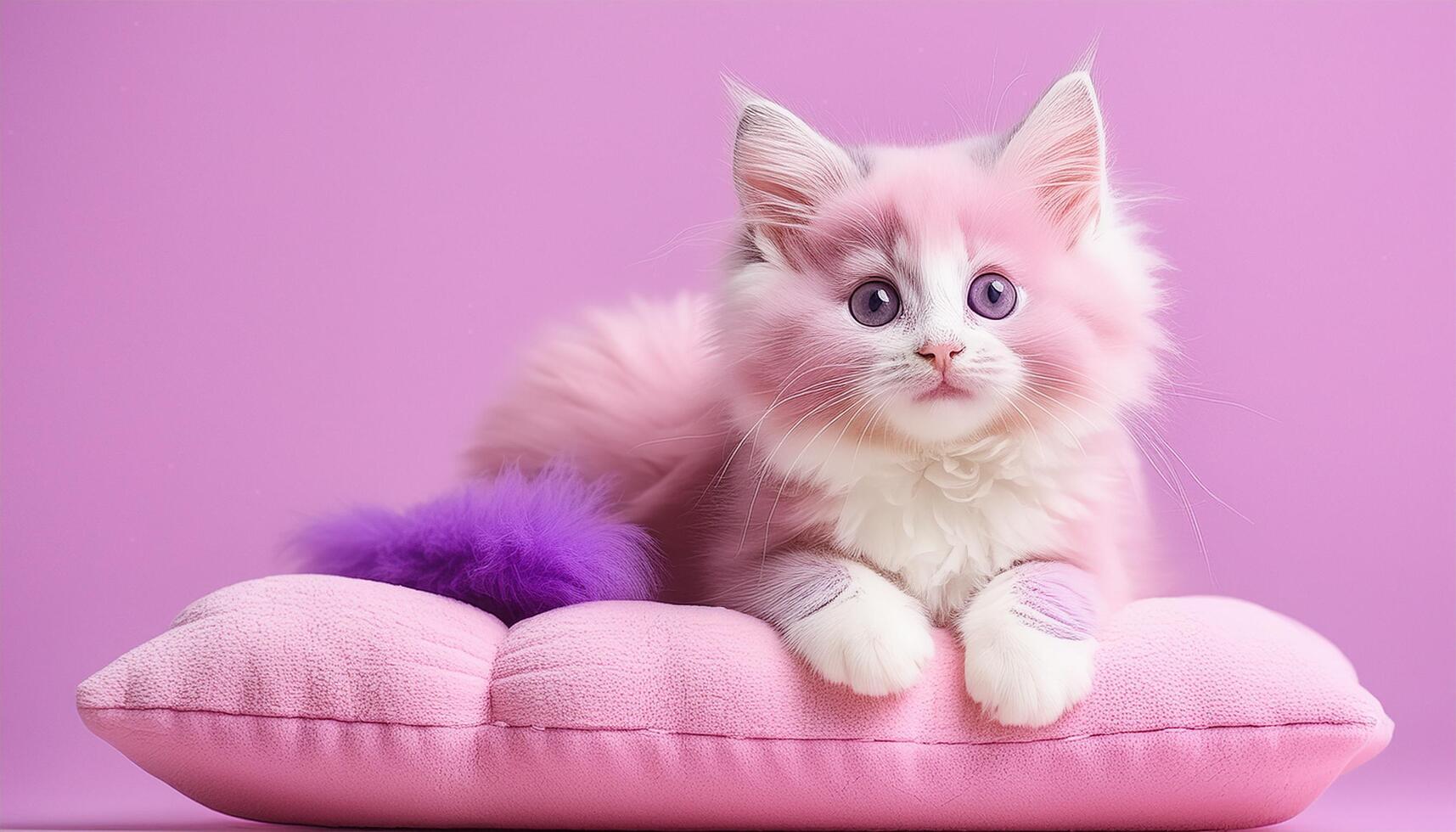 Generated image of flufffy cute adorable pink and purple kitty cat pet sitting on a pillow in a pastel purple room. photo