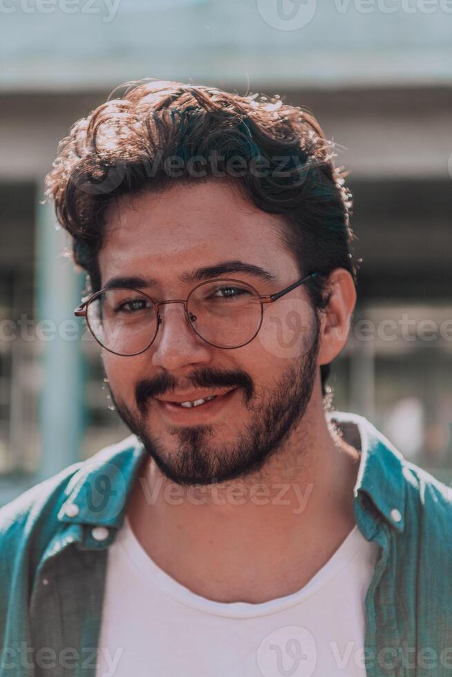A portrait of a modern man, exuding confidence and style, against an outdoor backdrop, showcasing his charisma and fashionable demeanor. photo