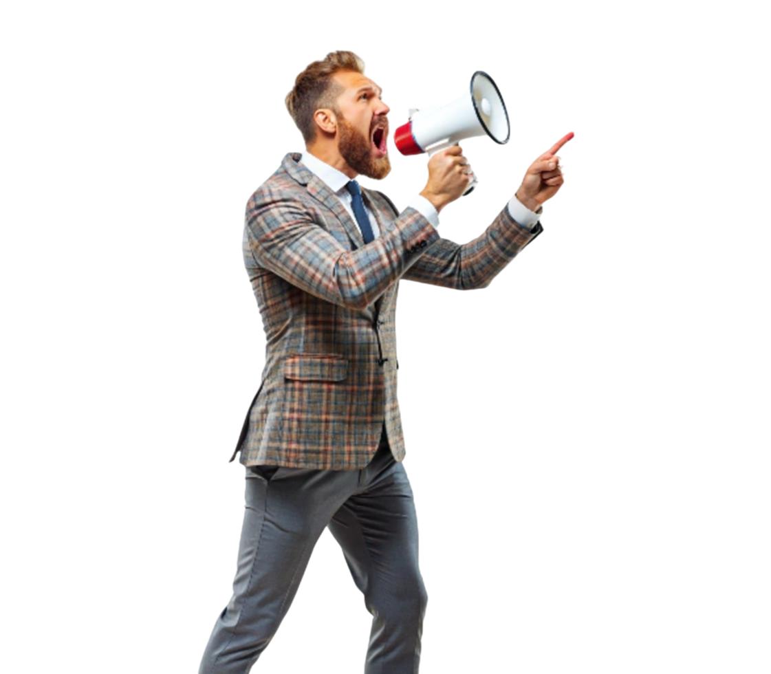 Passionate speaker holding megaphone and making a point png