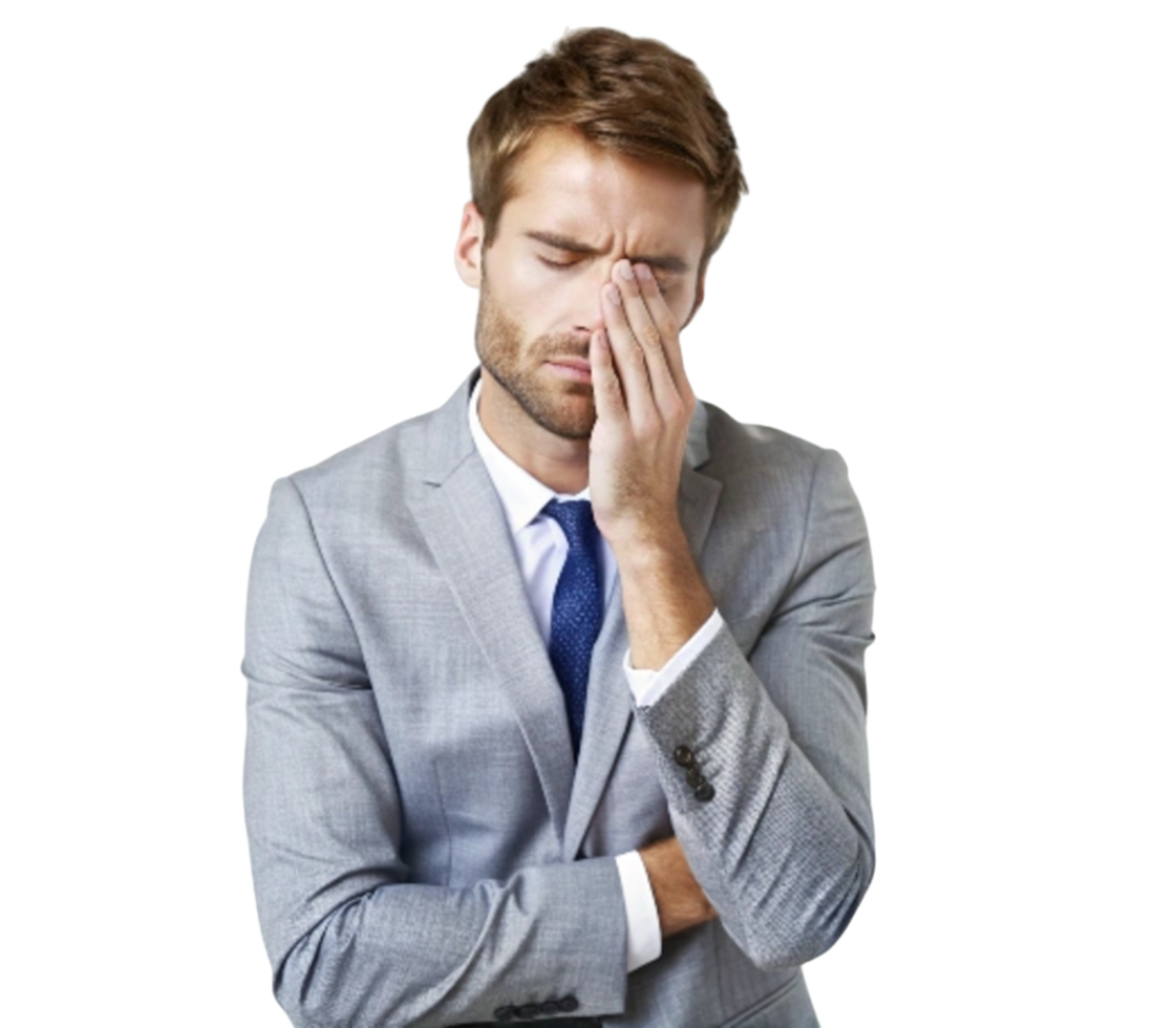 Frustrated businessman with hand on face on transparent background png