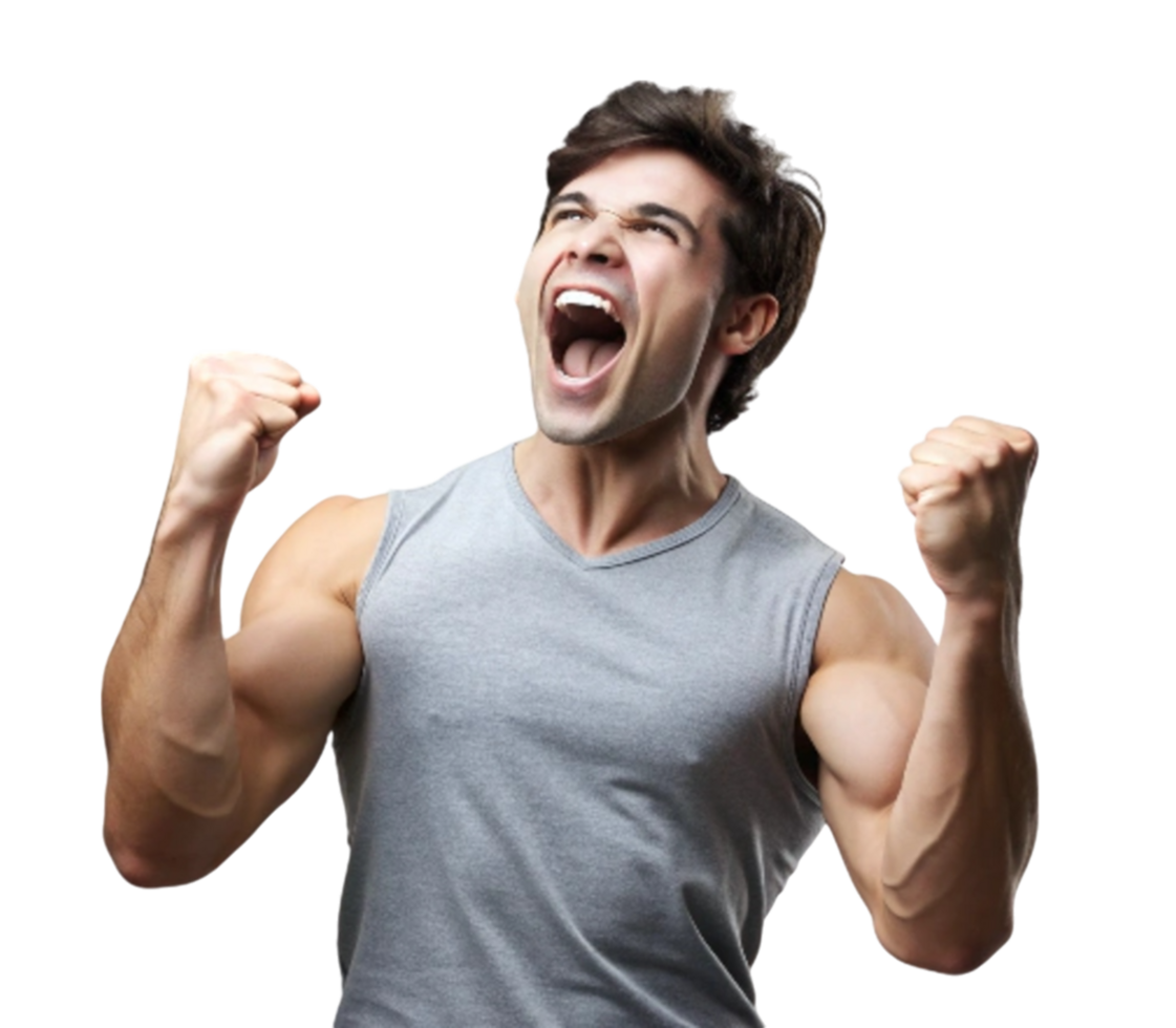 Strong man screaming and raising fists in celebration with transparent background png