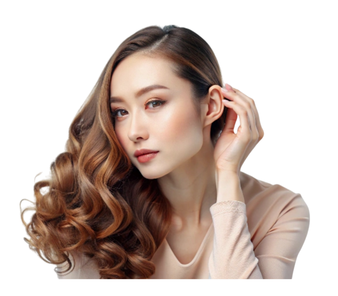 Beautiful asian woman touching ear with long brown wavy hair on transparent background png