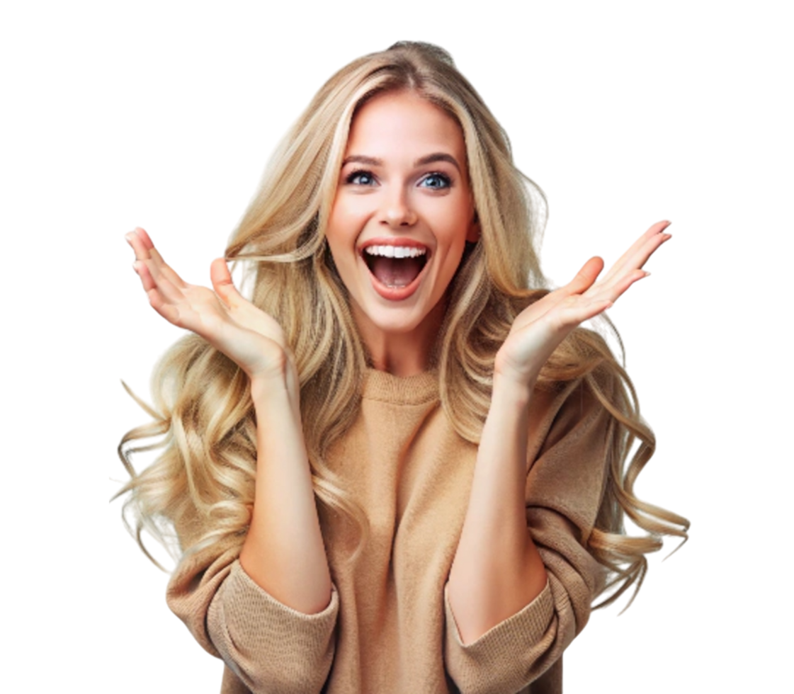 Excited woman expressing joy with open arms on transparent background png
