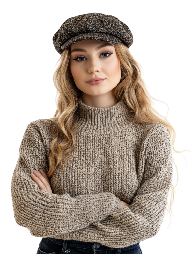une magnifique blond femme portant une chandail et chapeau png