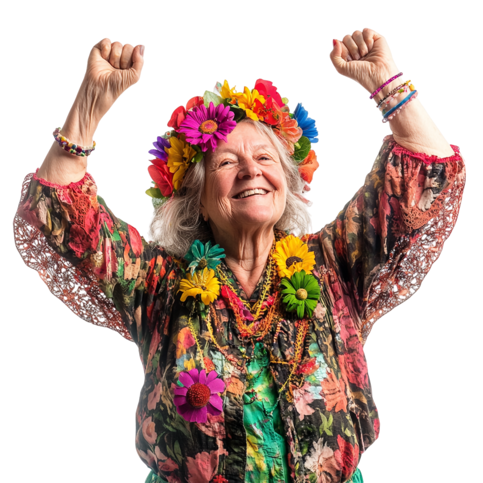 An older woman with a flower crown and a flower in her hair png