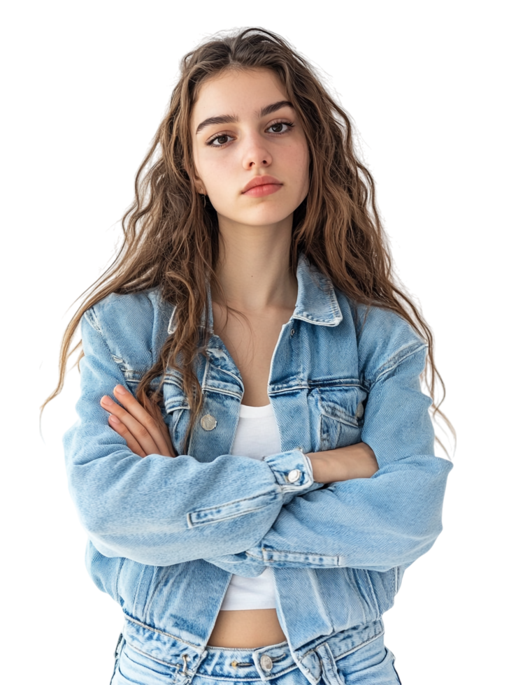 A young woman in a denim jacket and jeans png