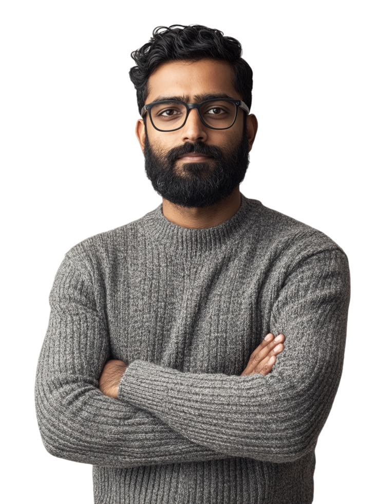 A man with a beard and glasses standing with his arms crossed png