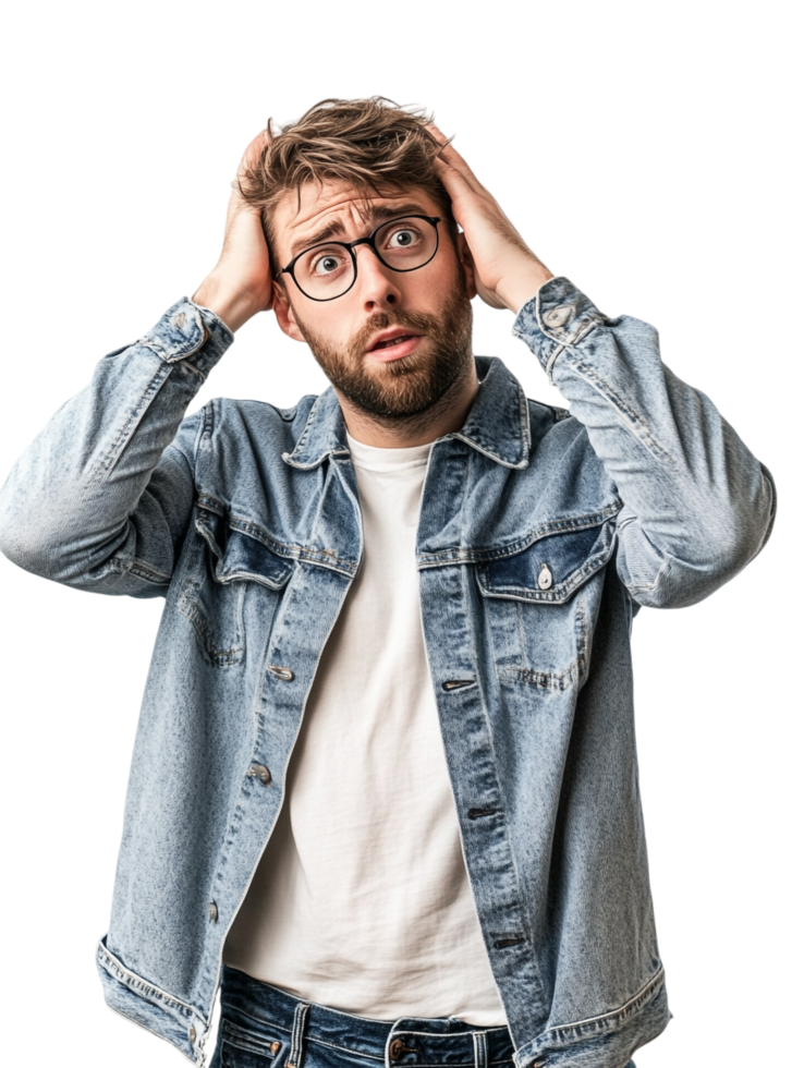 A man with glasses and a denim jacket is holding his head png
