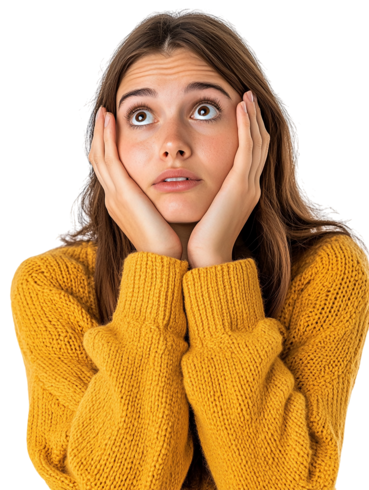 A woman in a yellow sweater is looking surprised png