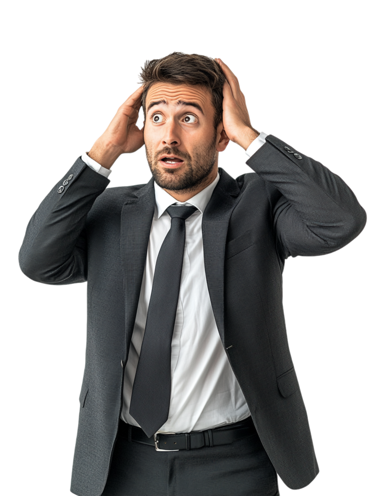 A man in a suit and tie is holding his head png
