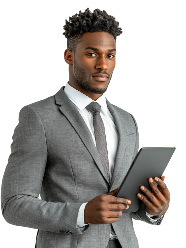 A young african american man in a suit holding a tablet png