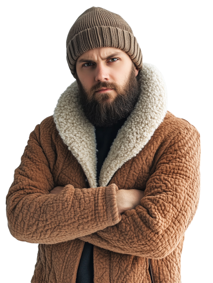 A man with a beard and a beanie is wearing a brown jacket png