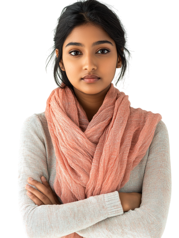 A young woman in a pink scarf png