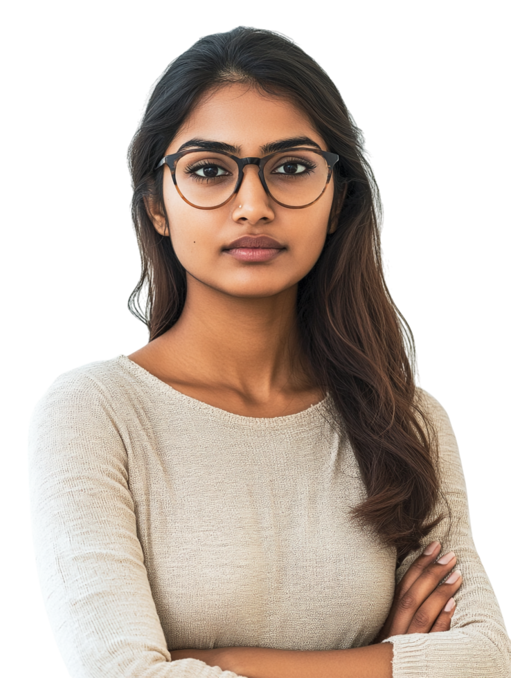 A young woman wearing glasses and a beige sweater png