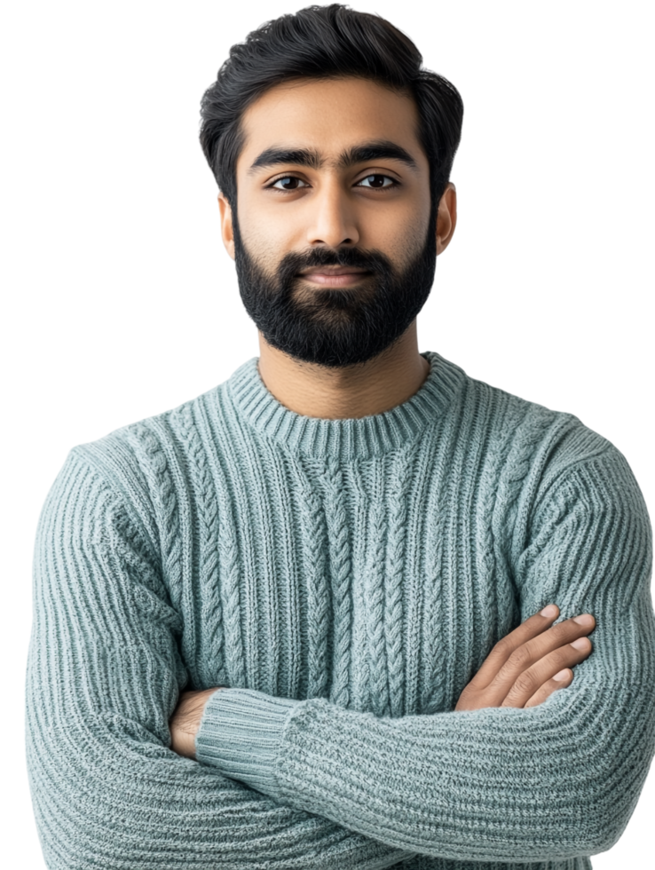 A man with a beard and sweater standing with his arms crossed png