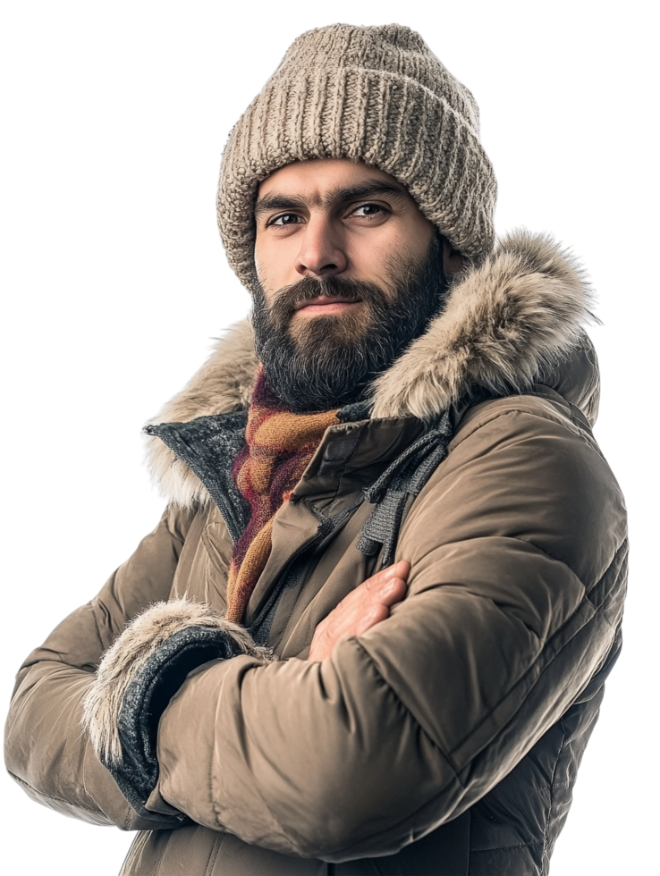 A bearded man in a winter hat and coat png