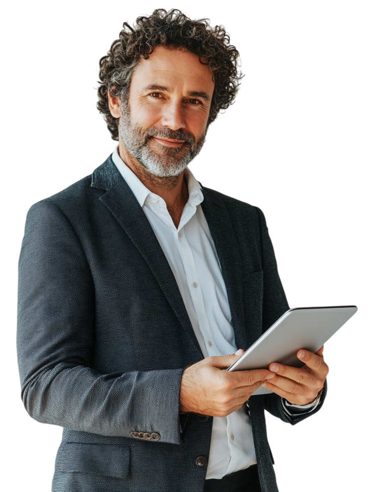 A man in a suit holding a tablet png