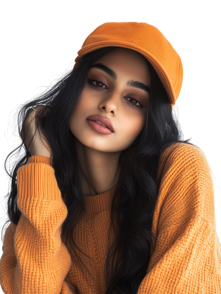 A woman wearing an orange sweater and hat png