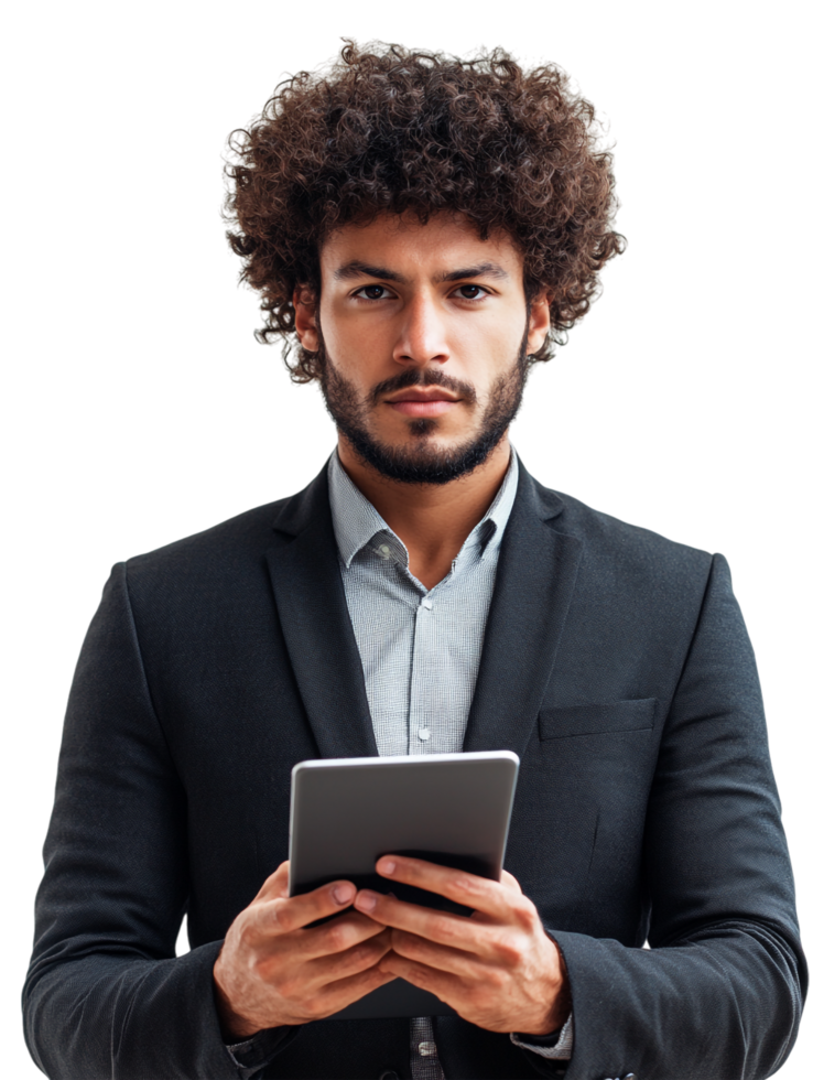 A man in a suit holding a tablet computer png