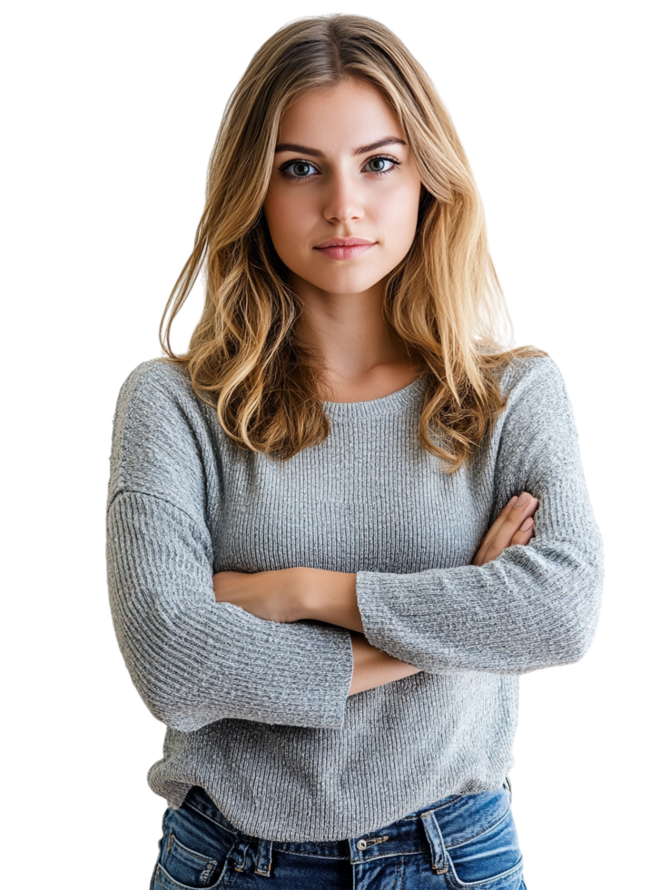 A woman in jeans and a grey sweater png