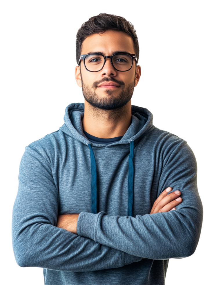 Portrait of a young man with glasses and a hoodie standing with his arms crossed png