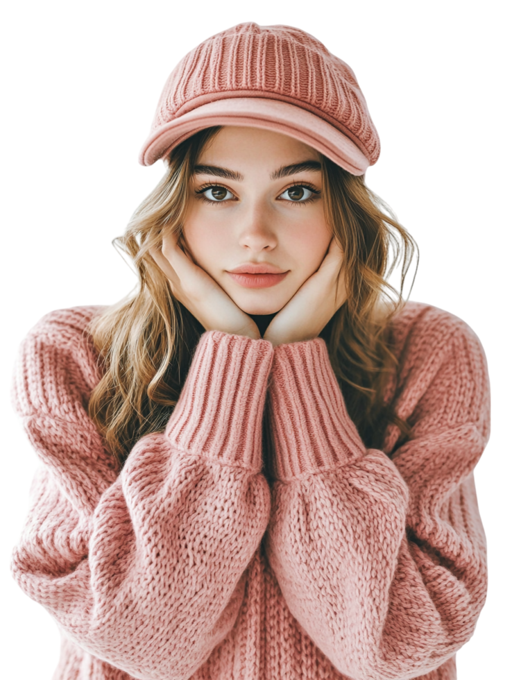 A woman in a pink sweater and hat png