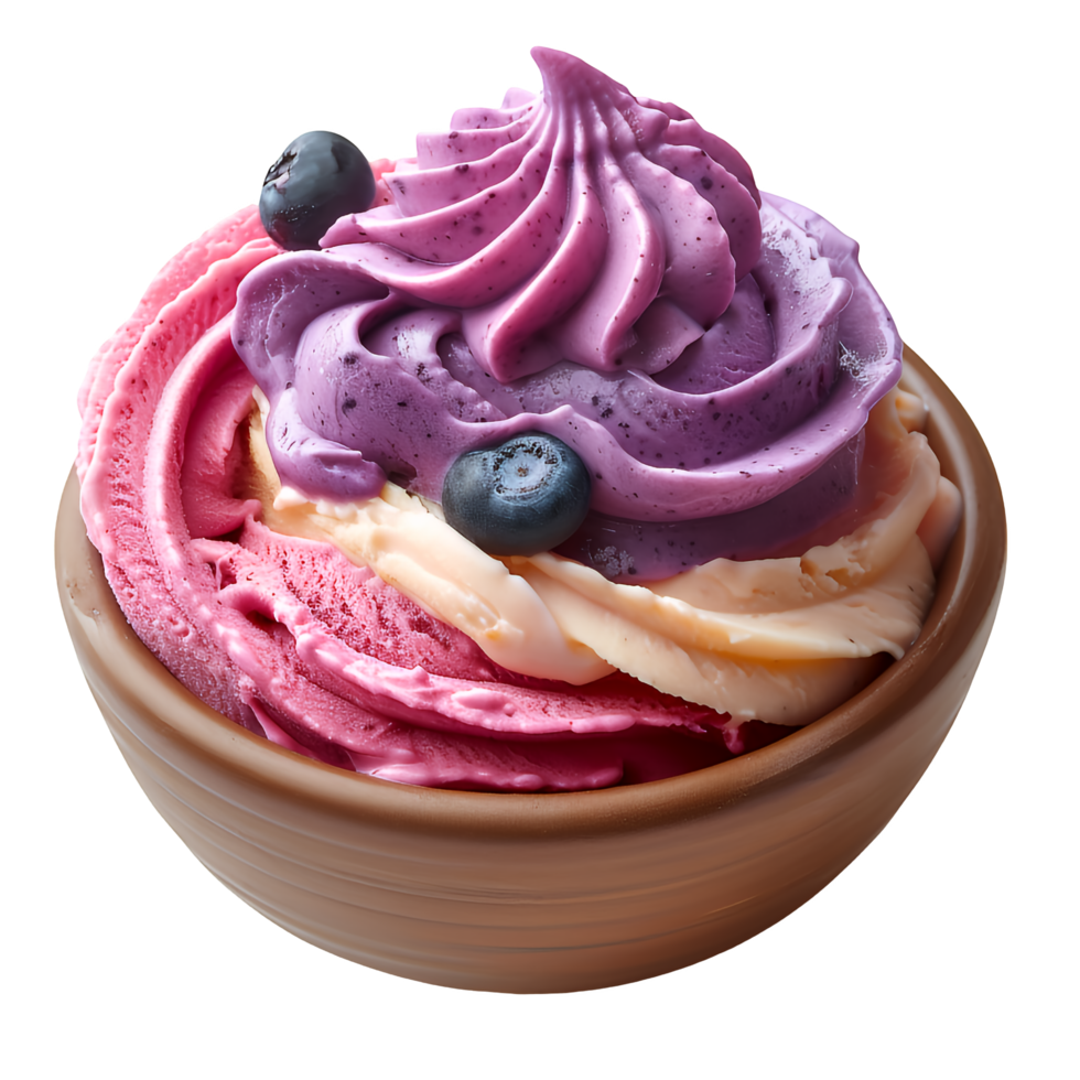 A bowl of ice cream with purple and pink swirls png
