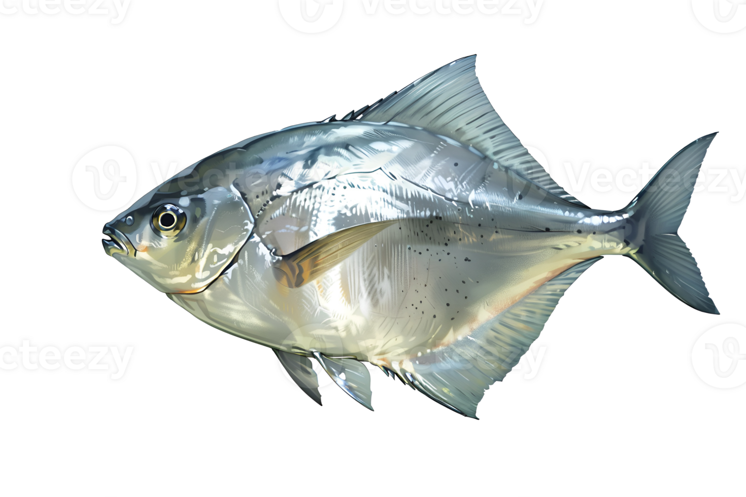 illustration style of Closeup, full body of Silver Pomfret fish swimming isolated on a transparent background png