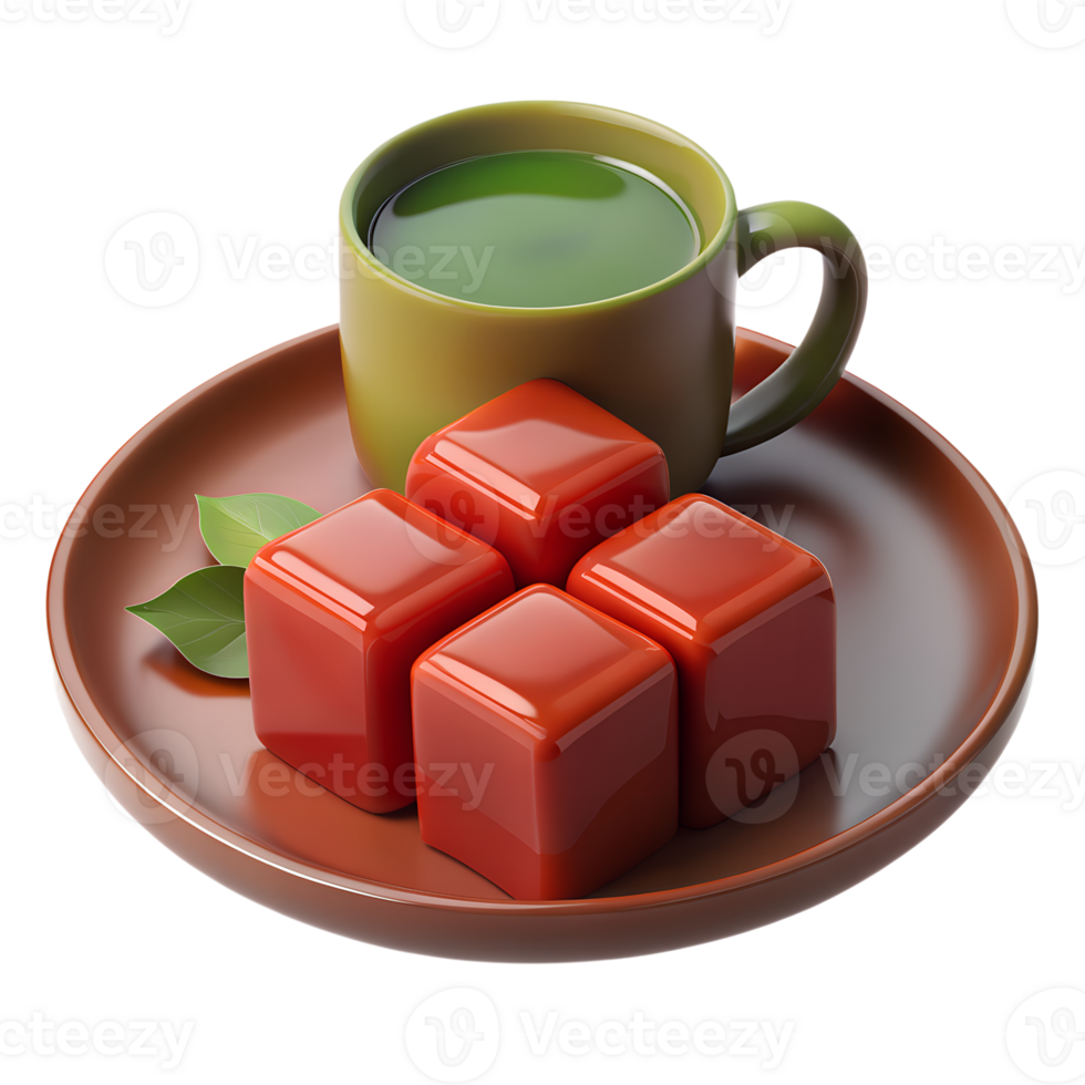 3d render style of four Japanese Yokans, Slices of red bean jelly set on a ceramic plate with a cup of green tea png