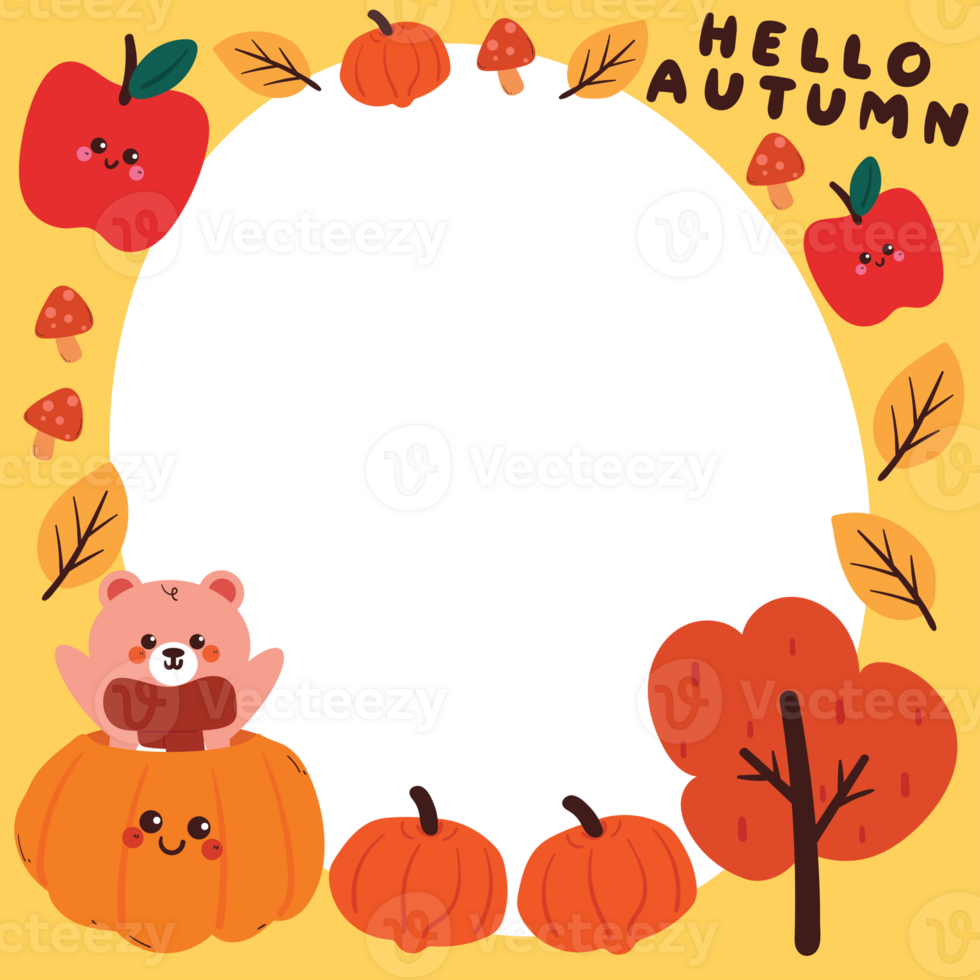 Cute hand drawing cartoon autumn falls frame theme with cartoon bear and pumpkin. cute frame for card holder, photo frame png