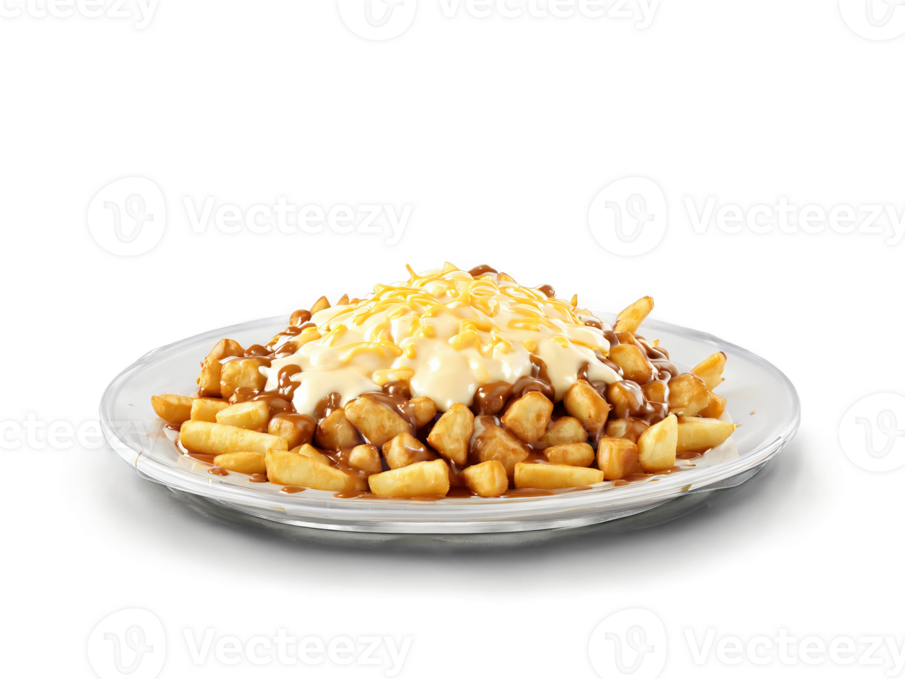 Poutine fries topped with cheese curds and gravy served on a transparent glass dish Canadian png