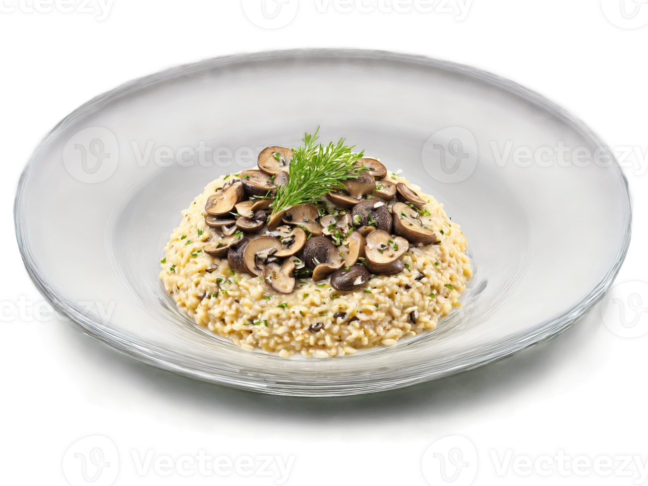 Vegetarian mushroom risotto with Parmesan and truffle oil served on a transparent glass dish creamy png