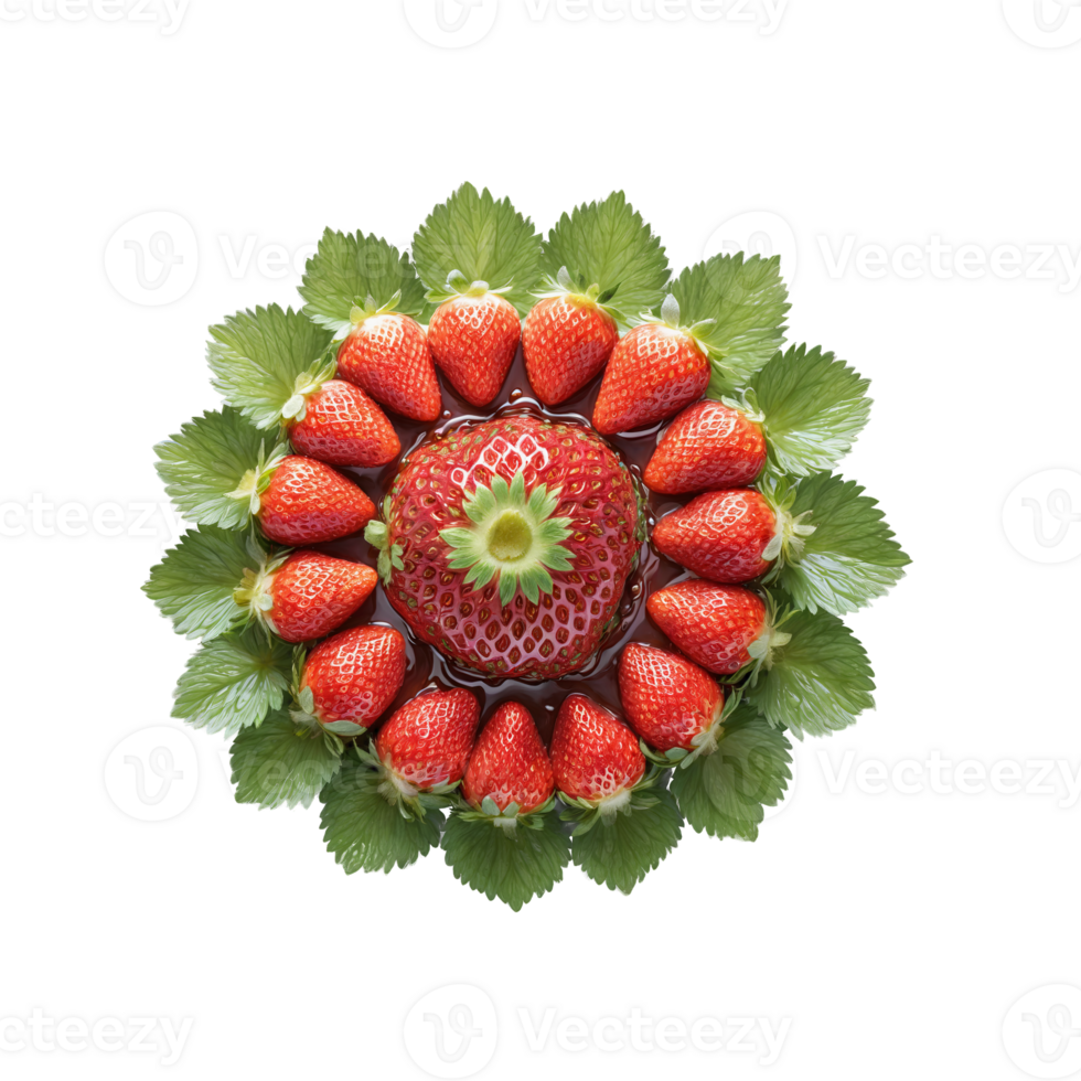 Strawberry mandala a sweet arrangement of ripe strawberries with leaves flying and syrup drizzling png