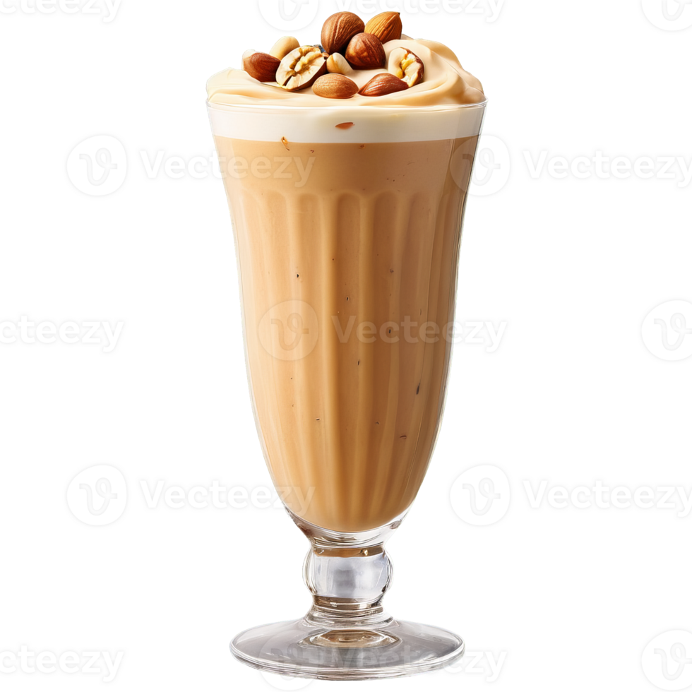 Peanut butter smoothie with creamy tan color swirl of jelly and chopped nuts served in png