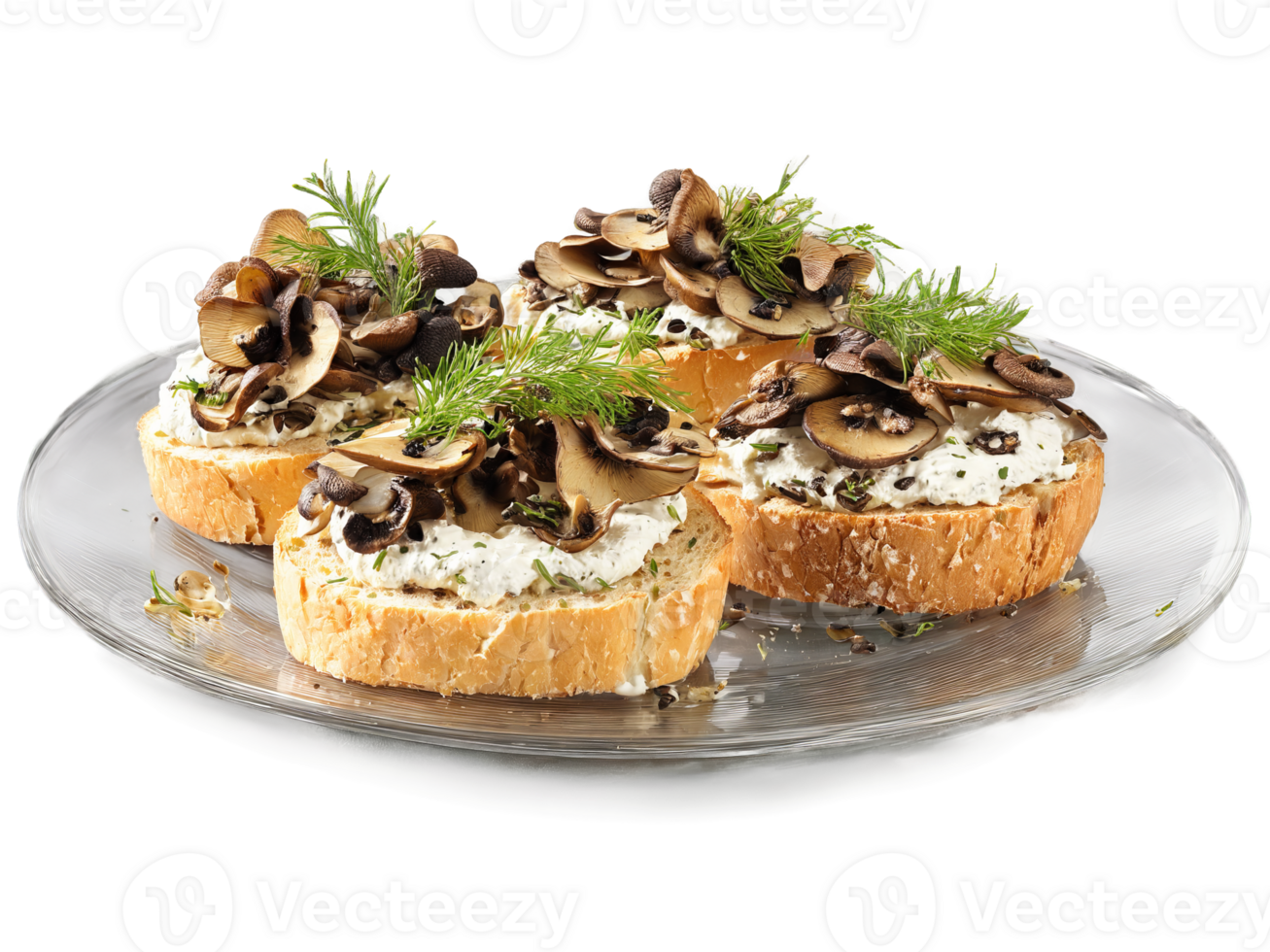 Crostini with Wild Mushrooms and Ricotta drizzled with truffle oil served on a transparent glass png