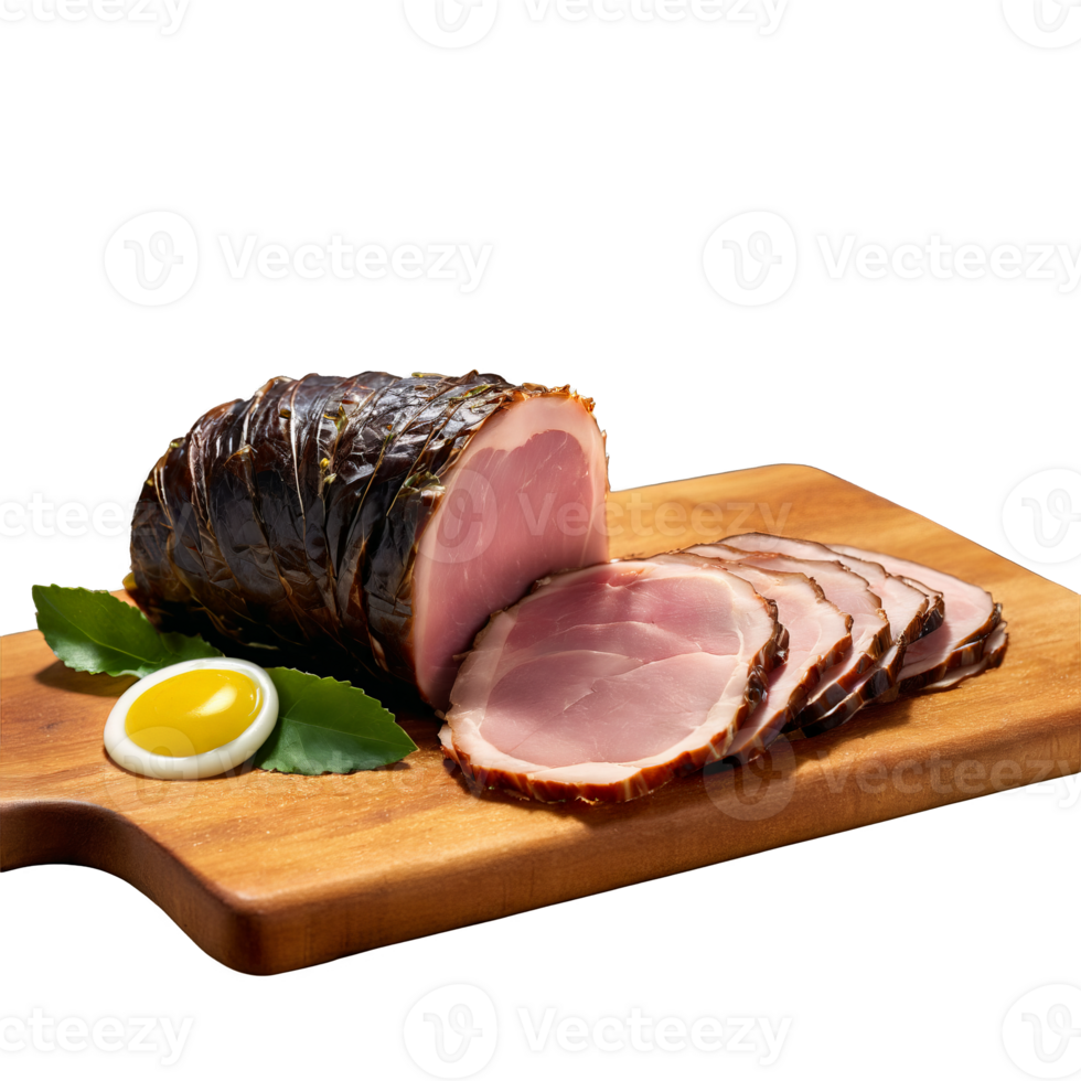 Black Forest Ham thinly sliced and rolled into delicate rosettes placed on a wooden cutting png