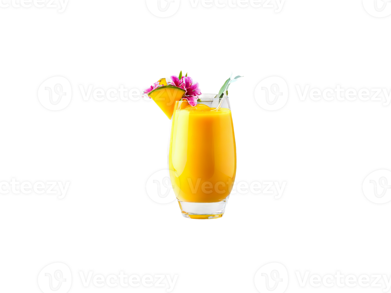 Mango Juice Lush mango juice in a bulbous glass mango slices and tropical flowers vibrant png