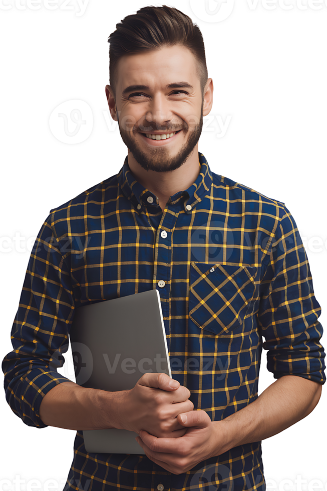 smiling man in a plaid shirt holds a laptop in his hands isolated on transparent background png