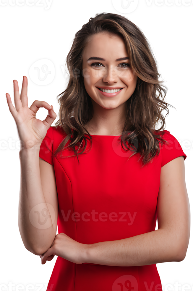 woman in a red dress gives a ok gesture with a cheerful expression isolated on transparent background png