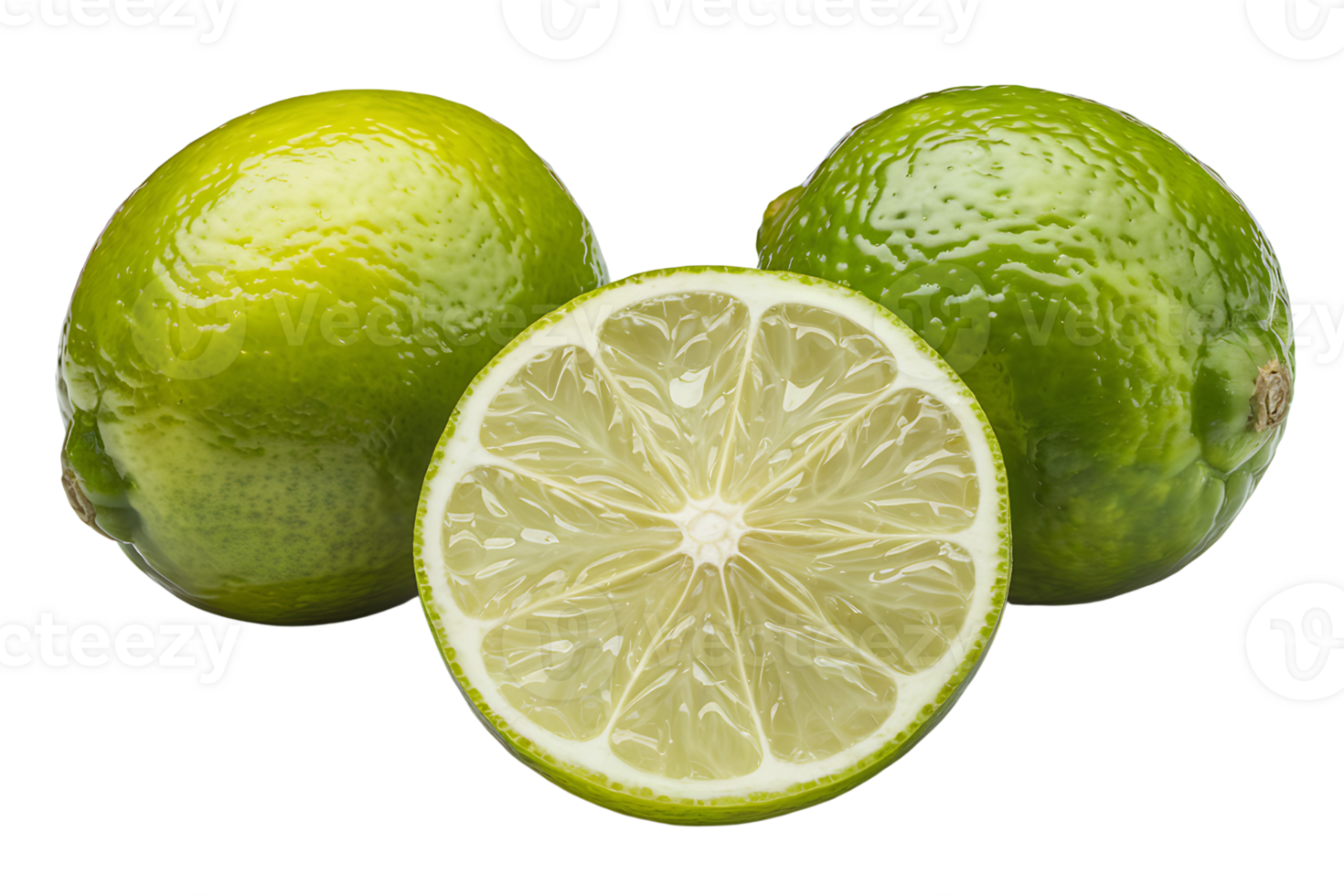 two whole limes and a lime cut isolated on transparent background png