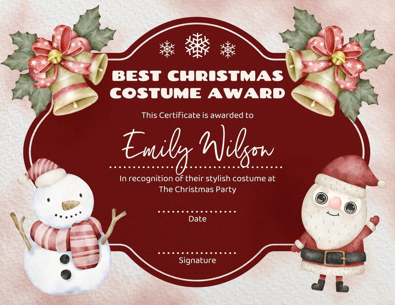 Best Christmas Costume Award Certificate Template in Cartoon Watercolor Theme