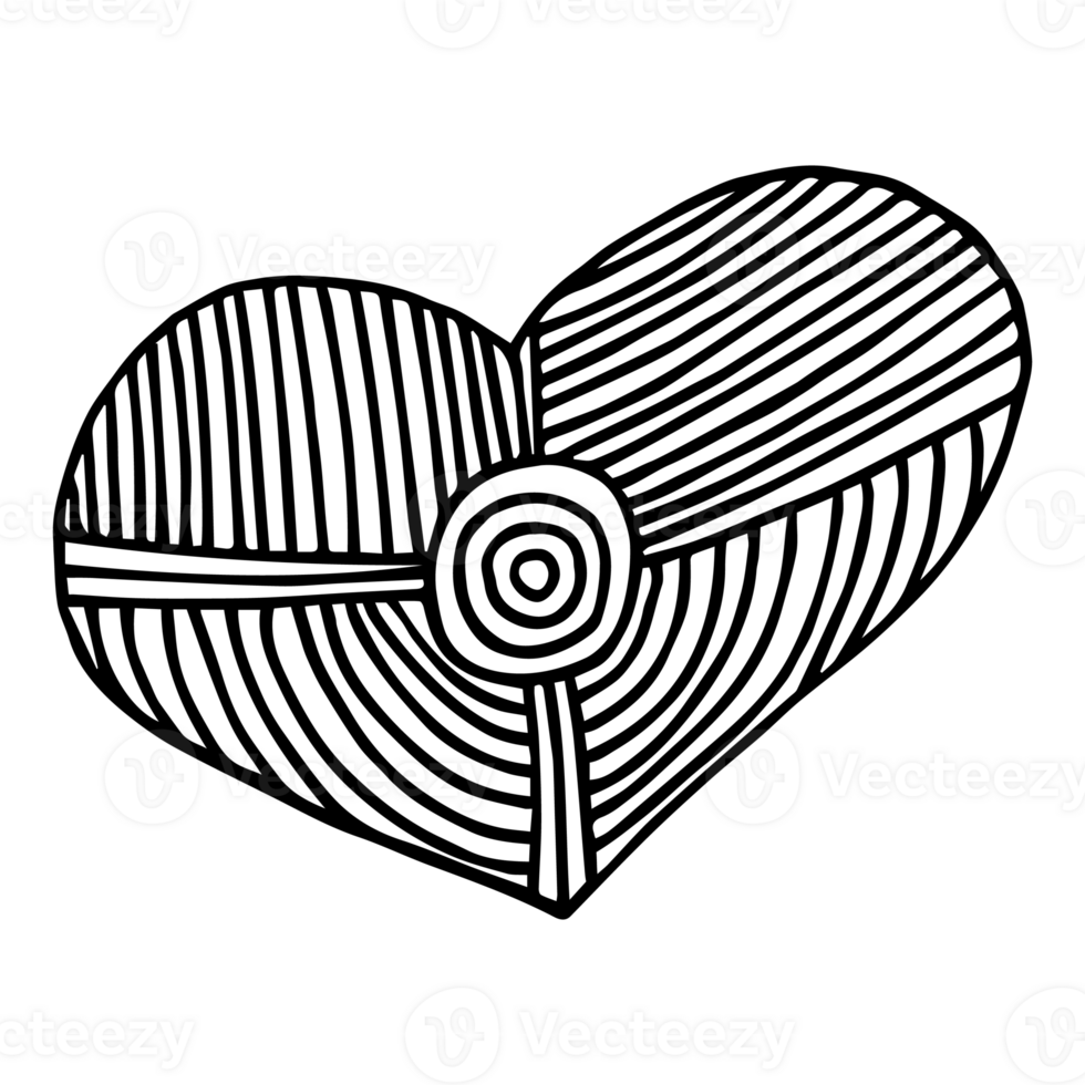 Doodle Love Icon. Hand-Drawn Black Contour Geometric Heart Icon with Central Circle and Radiating Hatch Lines. png