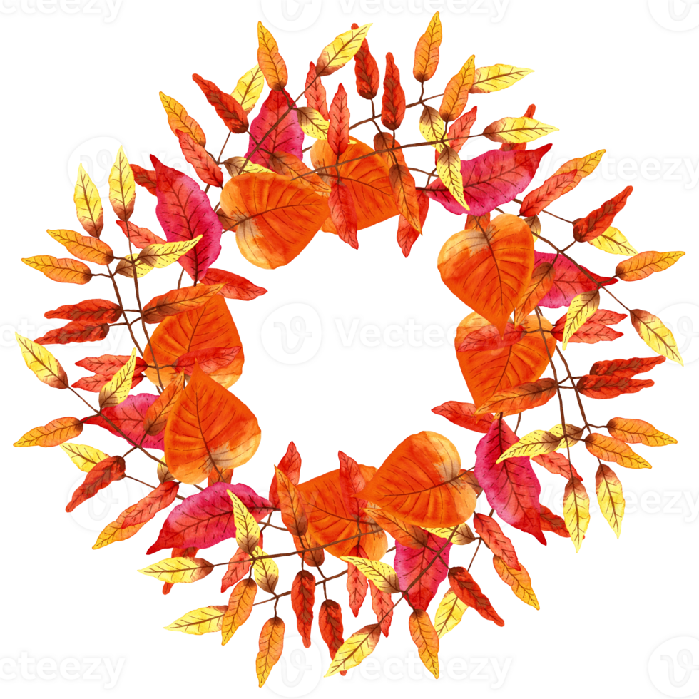 Autumn Wreath Watercolor Set. Colorful leaves, hand-painted pattern. Postcards, greeting cards, web design, patterns png