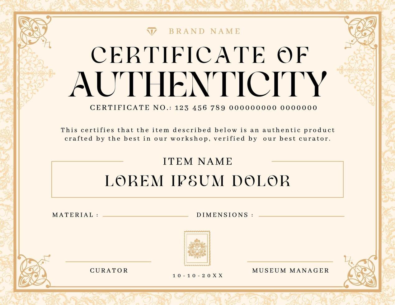 Certificate of Authenticity with Victorian Swirl Style Design template