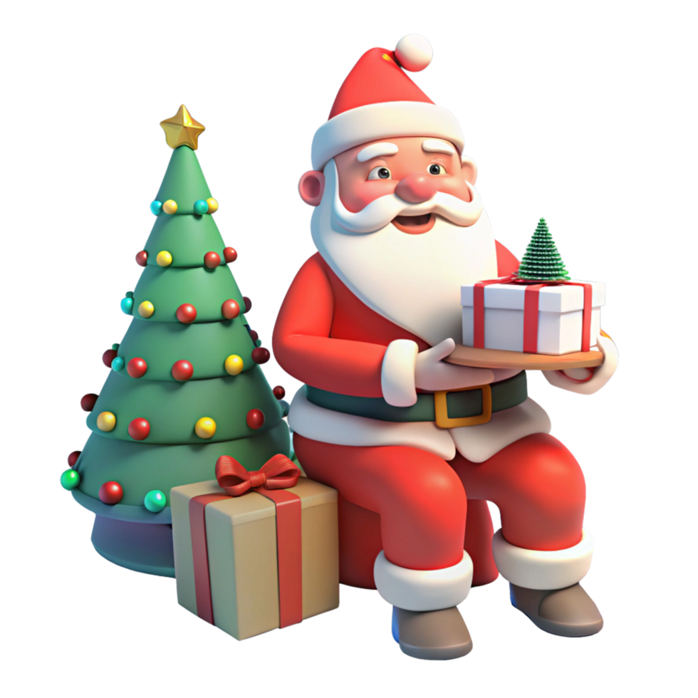 Santa claus holding a gift box and a christmas tree png