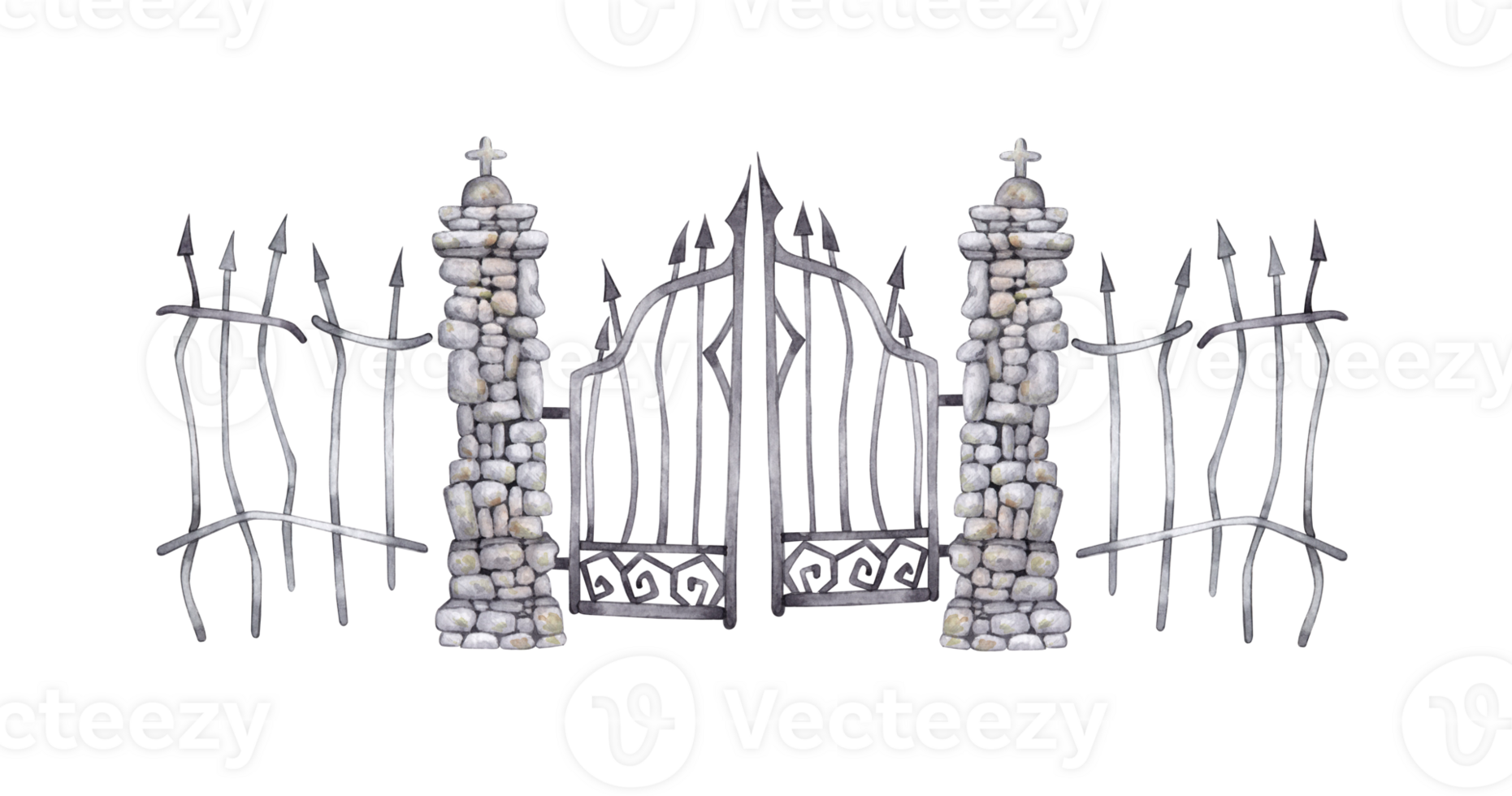 Old, rusty, metal gate, broken fence bars, watercolor illustration. Silhouette of a creepy Halloween fence, cemetery, abandoned building isolated from background. For designing cards, invitations, png