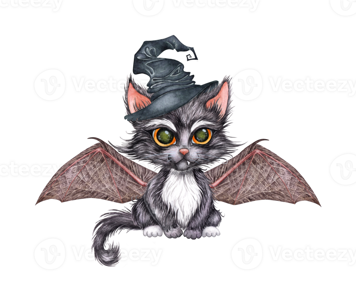 Black kitten in a witch hat with bat wings watercolor illustration. Cat with big eyes isolated from background. Witch's mystical familiar, Halloween tradition. For the design of cards, covers, posters png